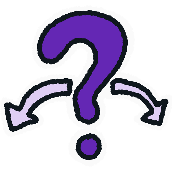a dark purple question mark with light purple arrows on either side